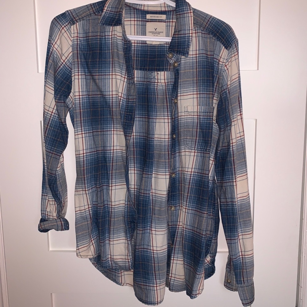 Blue boyfriend fit plaid shirt